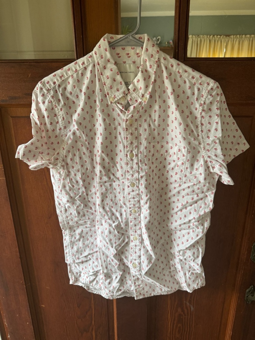 American Eagle Outfitters White Short-Sleeve Button-Up with Red Paisley Print